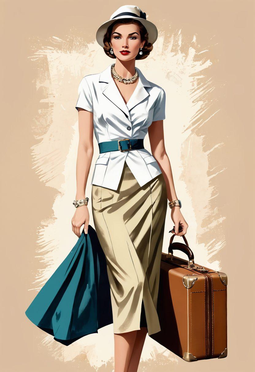 A stylish woman transitioning from vintage fashion to modern chic, showcasing a split outfit: one side in a classic vintage dress with elegant accessories, the other in a contemporary chic ensemble. Background elements include a vintage suitcase, chic handbag, and fashion sketches. The color palette should be rich yet balanced, exuding sophistication and creativity. elegant, vibrant colors, fashion illustration.